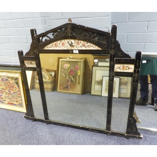 260 - EARLY TWENTIETH CENTURY AESTHETIC MOVEMENT OVER MANTEL MIRROR, POINTED ARCH EBONISED WOOD WITH CENTR... 