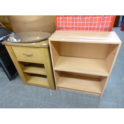 297 - A LIGHT OAK LOW CORNER UNIT WITH DRAWER OVER TWO OPEN SHELVES; A PINE THREE TIER OPEN BOOKCASE, 2’3”... 