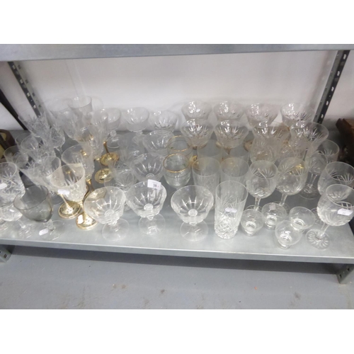 45 - QUANTITY OF CUT AND OTHER GLASS DRINKING GLASSES INCLUDING; SET OF EIGHT WINE GLASSES WITH ELECTROPL... 