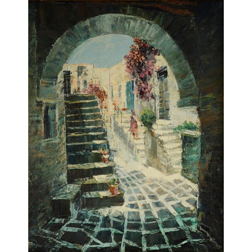 109 - BAE. E. ZENETZHE (TWENTIETH/ TWENTY FIRST CENTURY)OIL ON CANVAS View of a courtyard through an archw... 