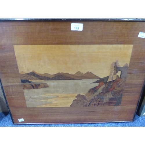 103 - TWENTIETH CENTURY MARQUETRY PICTURE, also a MODERN COLOUR PRINT imitation of an oil painting in gilt... 