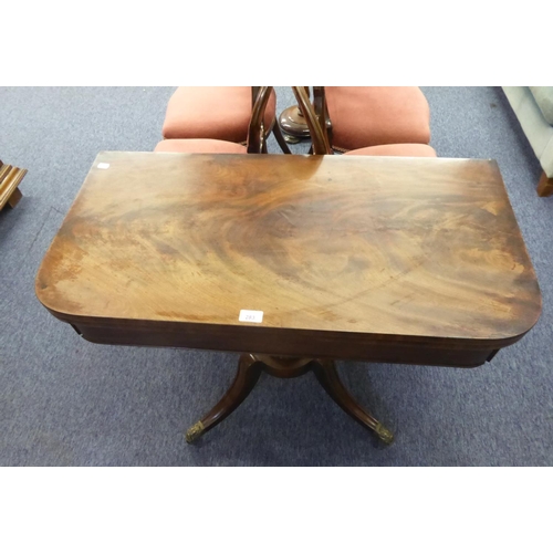 283 - REGENCY FIGURED MAHOGANY FOLD-OVER PEDESTAL CARD TABLE, with flame cut swivel top, green baize lined... 