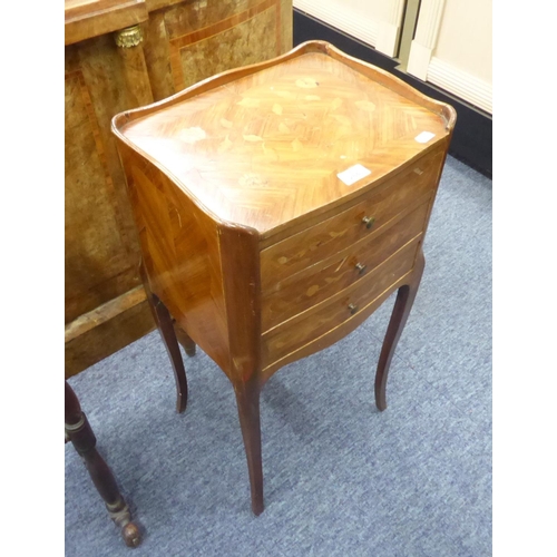 284 - FRENCH CROSSBANDED AND FLORAL MARQUETRY INLAID LAMP TABLE, with oblong galleried top above three dra... 