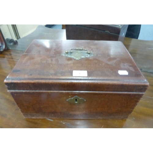 3 - NINETEENTH CENTURY MAHOGANY BOX, with brass handle to the hinged top and green baize lined interior,... 