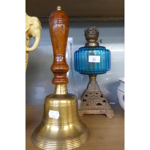 53 - VICTORIAN OIL TABLE LAMP WITH GILT METAL PIERCED SQUARE CONICAL BASE, BLUE AND FLUTED GLASS RESERVOI... 