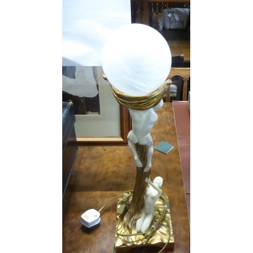 54 - V. TUPTON, SIGNED ART NOUVEAU STYLE GILT RESIN ELECTRIC TABLE LAMP IN THE FORM OF A TREE WITH THREE ... 