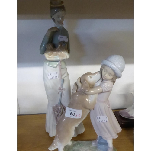 58 - TWO LLADRO PORCELAIN GROUPS WITH DOGS, comprising: ‘WALK WITH THE DOG’, modelled as an elegant lady ... 