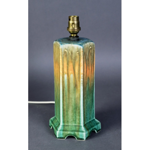 19 - WILLIAM HOWSON TAYLOR, RUSKIN POTTERY HEXAGONAL COLUMNAR ELECTRIC TABLE LAMP, covered with a streake... 