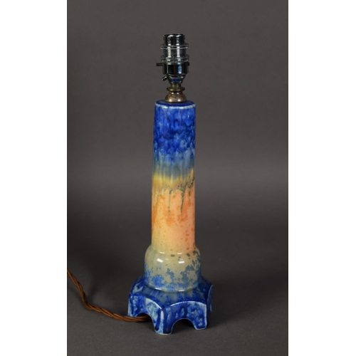 12 - WILLIAM HOWSON TAYLOR, RUSKIN POTTERY TAPERED COLUMNAR ELECTRIC TABLE LAMP, covered with a blue and ... 