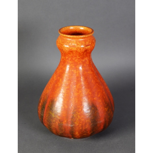 14 - PILKINGTONS ROYAL LANCASTRIAN POTTERY MONOCHROME MOTTLED ORANGE VERMILION GLAZED LOBATED VASE with g... 