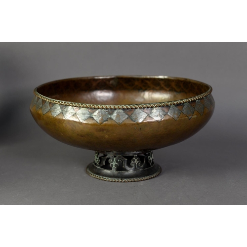 18 - HUGH WALLIS, ALTRINCHAM, ARTS & CRAFTS HAMMERED and PATINATED COPPER and PARCEL SILVERED PEDESTA... 