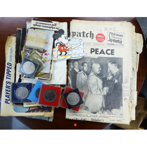 28 - COLLECTION OF WORLD WAR II AND PRE-WAR EPHEMERA AND SOME COINS, including a Westphalian 1923 10,000 ... 