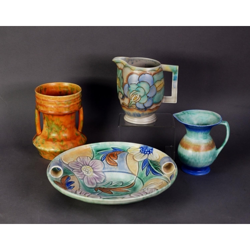 48 - FOUR PIECES OF 1930’s POTTERY, comprising: BESWICK WARE TWO HANDLED CYLINDRICAL VASE, (183), mottled... 