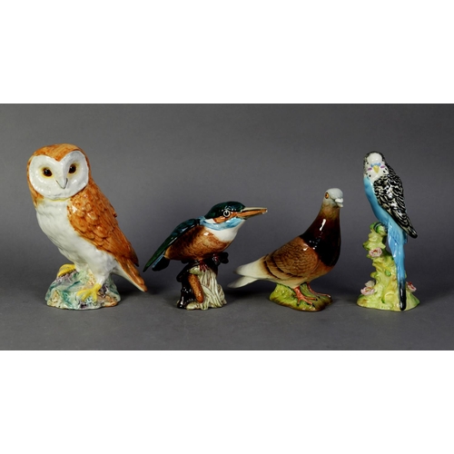 49 - FOUR BESWICK POTTERY MODELS OF BIRDS, comprising: BARN OWL (1046), PIGEON (1383), BLUE BUDGIE (1216)... 