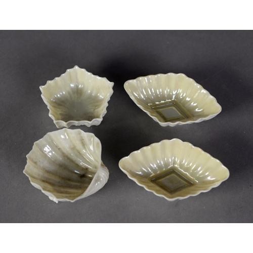 42 - PAIR OF BELLEEK EARLY TWENTIETH CENTURY LOZENGE SHAPE OPEN SALTS, yellow interior, 3 1/2