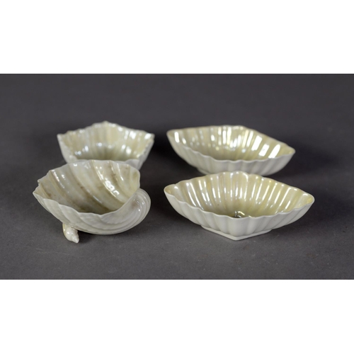 42 - PAIR OF BELLEEK EARLY TWENTIETH CENTURY LOZENGE SHAPE OPEN SALTS, yellow interior, 3 1/2