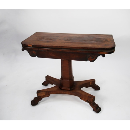 120 - LATE VICTORIAN FIGURED MAHOGANY PEDESTAL CARD TABLE, the flame cut swivel top enclosing a green baiz... 