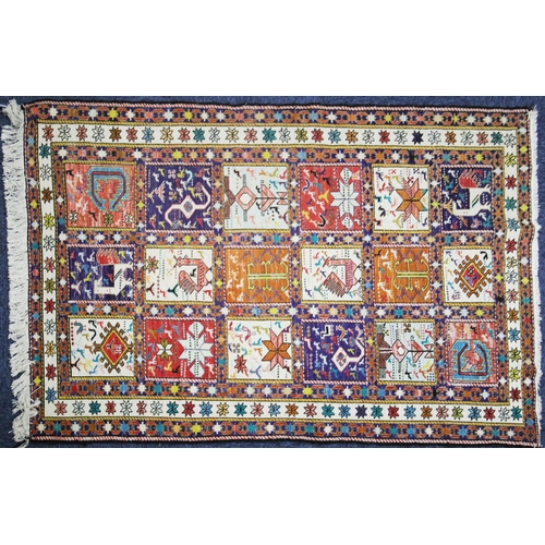 2 - EASTERN PART SILK FLAT WEAVE RUG with caucasian style decoration to the eighteen tile pattern featur... 