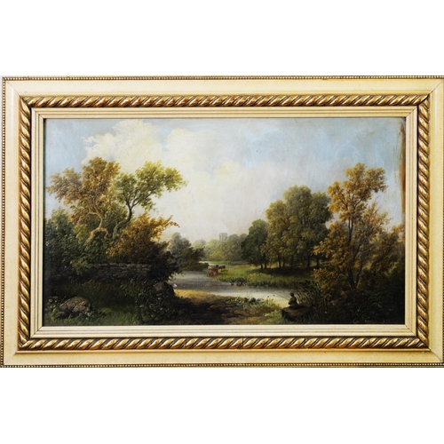 216 - E R BARNES (19th CENTURY) OIL PAINTING ON BOARD River landscape with fisherman and cattle watering S... 