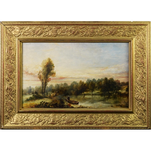 219 - GEORGE HICKIN (fl.1858-1877) OIL PAINTING ON CANVAS River landscape with a figure in a punt Signed &... 