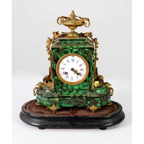53 - 19th CENTURY BOULLE STYLE FRENCH MANTEL CLOCK, with gilt brass mounts to a green tortoiseshell case,... 