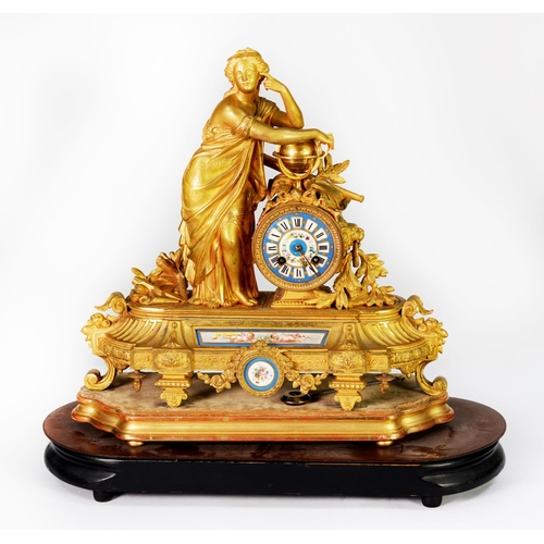 54 - MID TO LATE 19TH CENTURY FRENCH GILT MANTEL CLOCK, with sectional Sevres style Roman numeral dial em... 