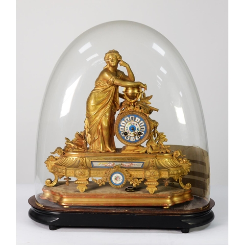 54 - MID TO LATE 19TH CENTURY FRENCH GILT MANTEL CLOCK, with sectional Sevres style Roman numeral dial em... 