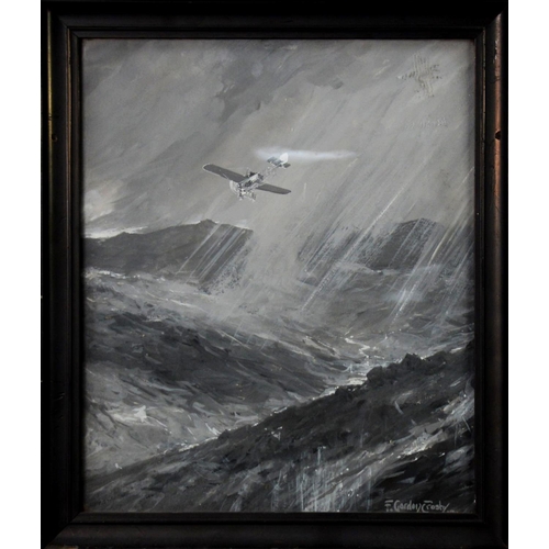 270B - FREDERICK GORDON CROSBY (1855-1943) MONOCHROME GOUACHE DRAWING Early monoplane flying over mountain ... 