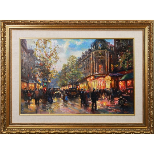 229 - B. TPOMOB, CYMEPKH (MODERN)OIL ON CANVAS Bygone Parisienne street scene with figures and early motor... 