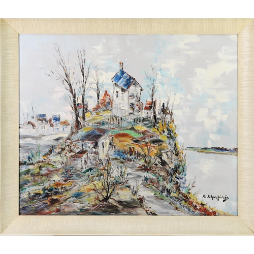 230 - CHRISTOPHE CHARPIDES (1902-1992)OIL ON CANVAS Riverscape with dwellings in the foreground Signed 20 ... 