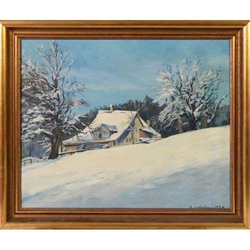 233 - M. KUCKLEKORN (TWENTIETH CENTURY) OIL ON BOARDWinter landscape with house and trees in the foregroun... 