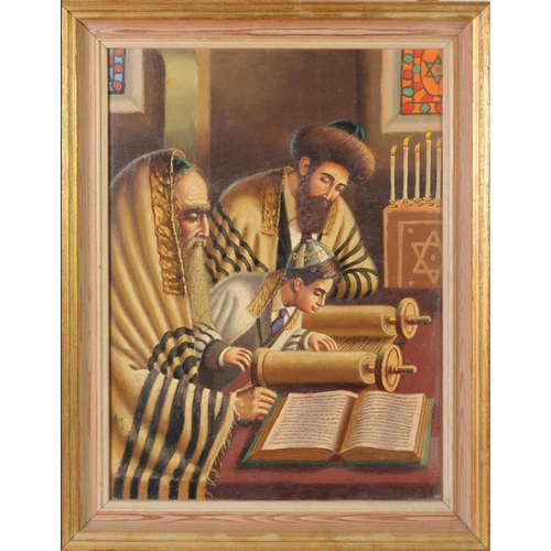 236 - HOR (TWENTIETH CENTURY) OIL ON BOARD Hebrew Figures reading Torah Scrolls Signed 15 ½” x 11 ½” (39.3... 