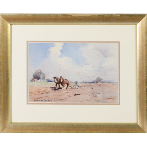 269 - ROBERT RUSSELL McNEE (1880 - 1952) WATERCOLOUR DRAWING 'Ploughing', man ploughing with two horses Si... 