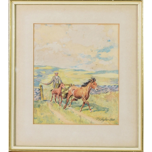 263 - R.B. TAYLOR WATERCOLOUR DRAWING Farmer driving a pony and foal into a moorland fieldSigned 8 1/4in x... 