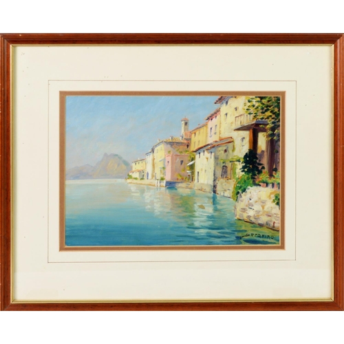 265 - ITALIAN (20th CENTURY SCHOOL) OIL PAINTING 'Serafino', town on the water Titled lower right but unsi... 