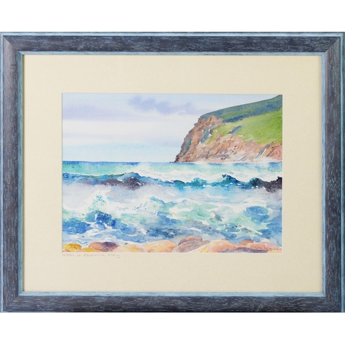 266 - JANE GLUE WATERCOLOUR DRAWING Waves of Rackwick, Hoy Signed and titled and labelled verso 8 3/4in x ... 