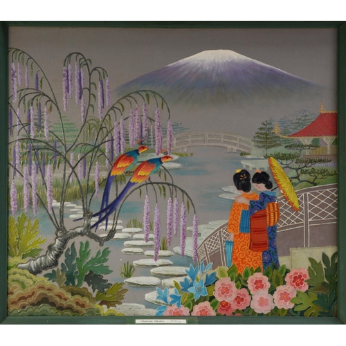 223 - B. PERRY (TWENTIETH CENTURY) OIL PAINTING ON EMBOSSED CARD ‘Japanese Garden’ Printed signature and t... 