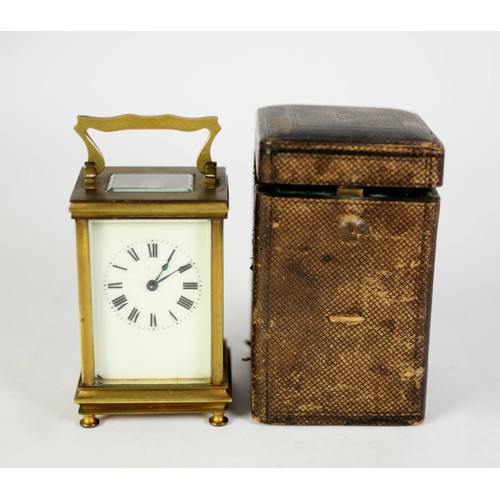 44 - EARLY 1900's FRENCH BRASS CASED CARRIAGE CLOCK with TIMEPIECE movement, the ivory tinted enamelled d... 