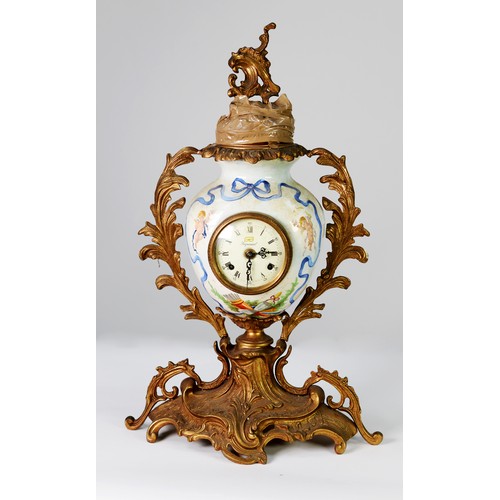 35 - LATE 19TH CENTURY ITALIAN GILT BRASS AND CERAMIC MANTLE CLOCK, the Roman numeral dial marked 'Imperi... 