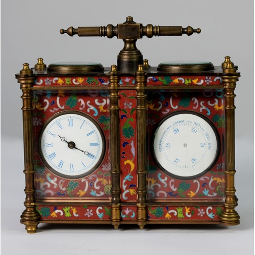 37 - A 20th CENTURY CLOISONNE ENAMELLED DESK CLOCK COMPENDIUM, in the form of a double width carriage clo... 