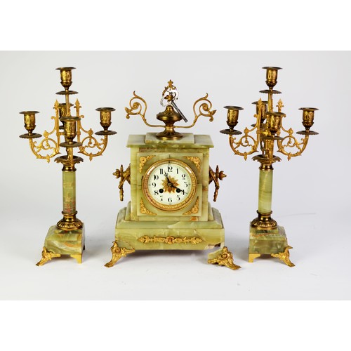 39 - CIRCA 1900 FRENCH GREEN ONYX AND GILT METAL MOUNTED CLOCK GARNITURE, THE JAPY FRERES BELL STRIKING M... 