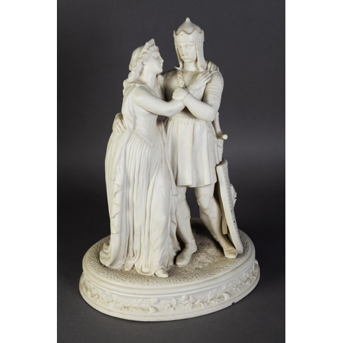 71 - EARLY TWENTIETH CENTURY PARIAN GROUP OF KING ARTHUR AND GUINEVERE, 16” (40.6cm) high, unmarked C/R- ... 