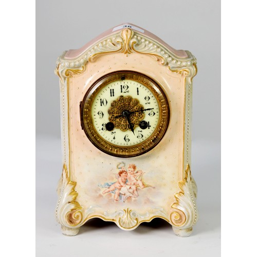 38 - LATE 19TH CENTURY FRENCH ROCOCO MANTEL CLOCK, the arabic numeral dial with central brass filigree di... 