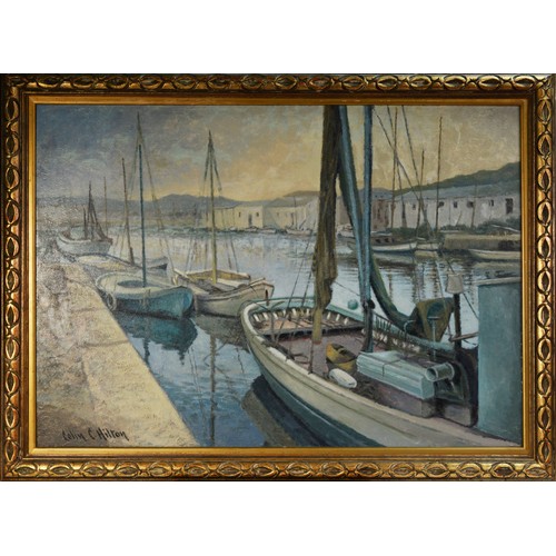 201 - COLIN C HILTON (1902 - 1964) OIL PAINTING ON BOARDItalian harbour scene with moored fishing boats Si... 