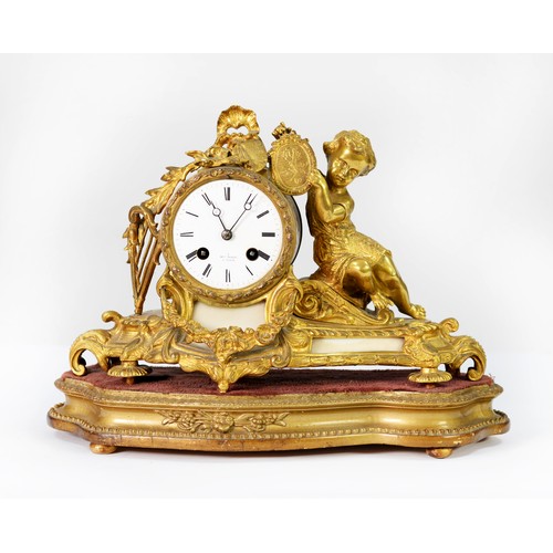 48 - NINETEENTH CENTURY FRENCH ORMOLU and ALABASTER INSET MANTEL CLOCK, the drum movement striking on a b... 
