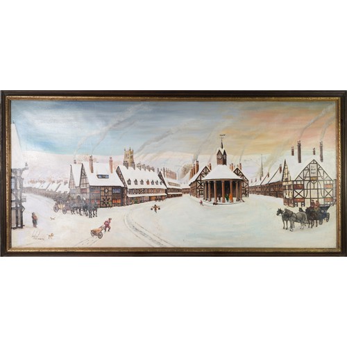 215 - LESLIE SHAW (TWENTIETH CENTURY)OIL ON CANVASBygone winter village scene with horse drawn coaches and... 