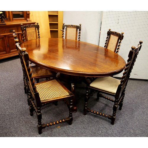 92 - SET OF SIX CAROLEAN STYLE CARVED DARK OAK STAINED FRUITWOOD SINGLE DINING CHAIRS WITH CANED SEATS AN... 