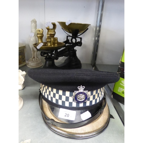 20 - SOMERSET AND BATH CONSTABULARY POLICE CAP AND  A PAIR OF BRASS AND JAPANNED METAL SCALES WITH 4 BELL... 