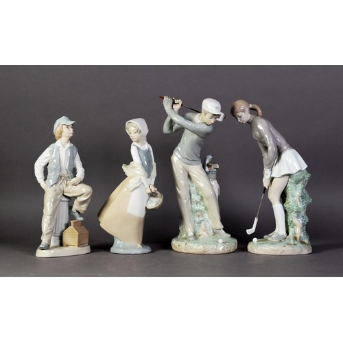 12 - PAIR OF LLADRO PORCELAIN FIGURES of MALE and FEMALE GOLFERS, 11 ¼