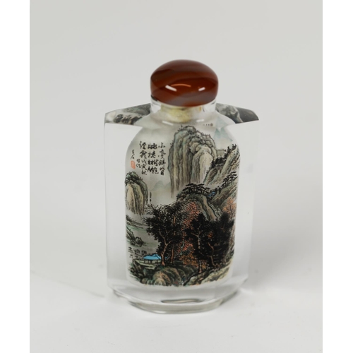 30 - FINE QUALITY MODERN CHINESE INTERNALLY PAINTED SNUFF BOTTLE encased in facet cut clear glass with a ... 